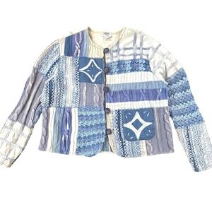Chunky Patchwork Jacket VTG Women LG Blue Crochet Boho Cottage Coastal Maximal